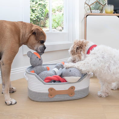 100% Cotton Rope Dog Toy Basket- Grey/Bone